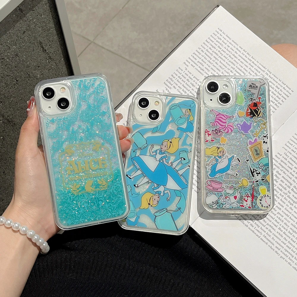 

Cartoon Disney Princess Alice in Wonderlands Quicksand Phone Case For iPhone 14 13 12 11 Pro Max X XR XS MAX 7 8Plus Back Cover
