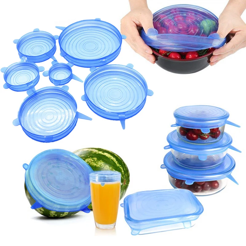 

6Pcs/lot Silicone Stretch Lids Universal Food Taper Bowl Pot Lid Food Wrap Cover Sealed Silicone Cover for Kitchen Cookware