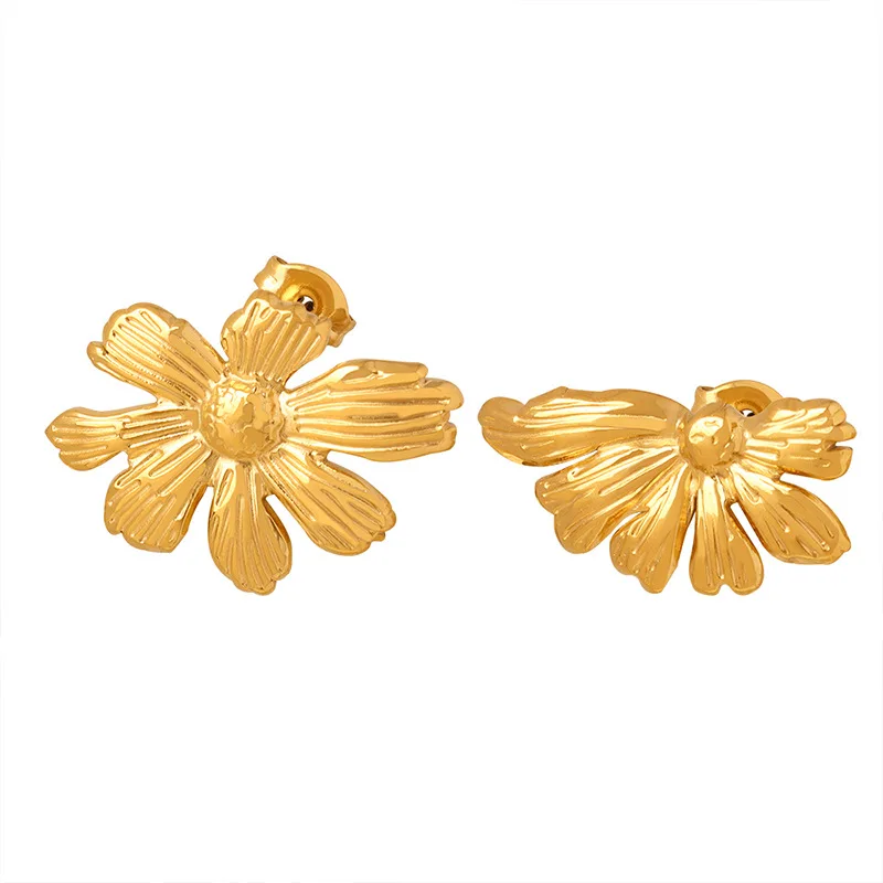 

New Trendy Stainless Steel 18K Gold Plated Asymmetric Daisy Stud Earrings for Women Girls Waterproof Texture Post Earring Gift