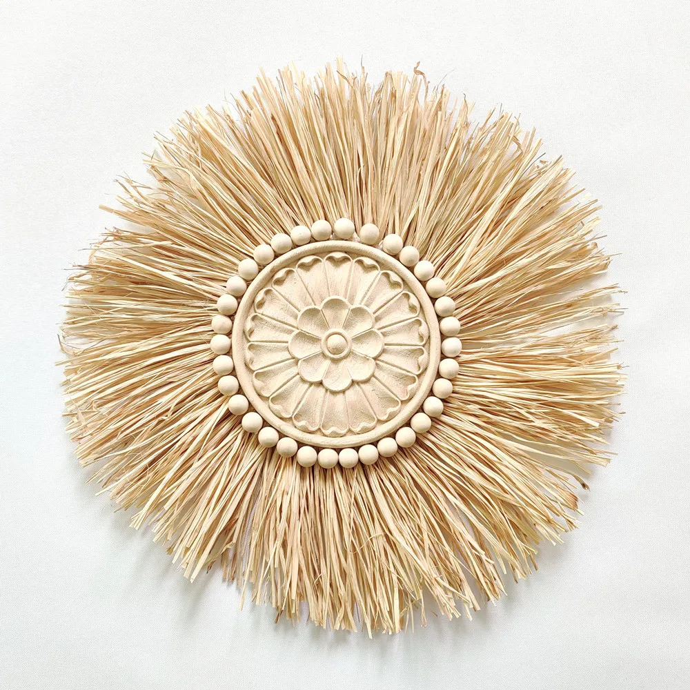 INS Boho Handmade Woven Straw Wall Decor Moroccan Wood Beads Wall Hanging Ornament Round Nordic Home Decoration for Living Room