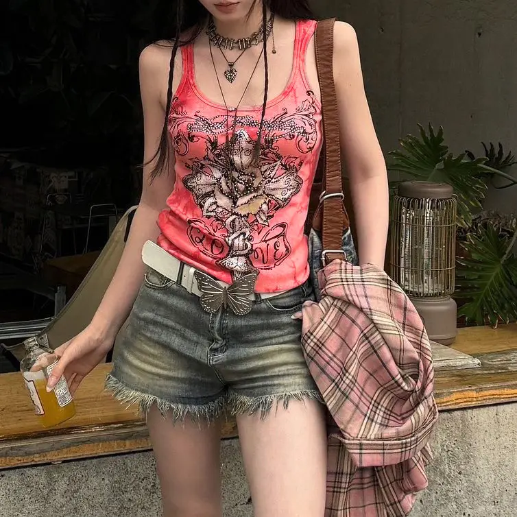 Y2k розовые кокетливые футболки женская одежда с цветами и стразами шикарные топы