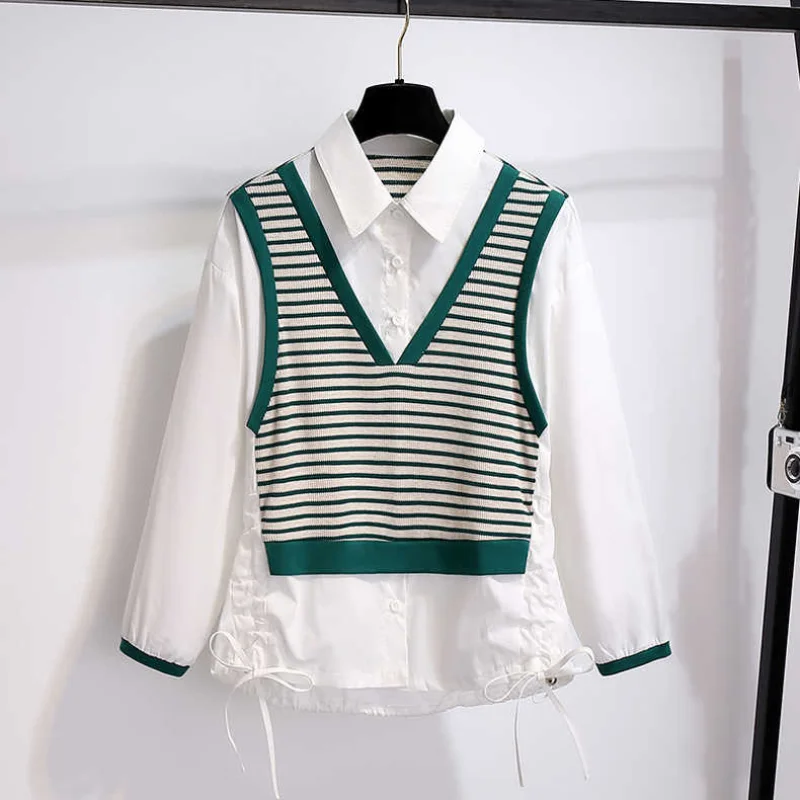 

Fake two-piece striped sweater vest stitching shirt women long-sleeved 2022 early autumn new knitted vest top women