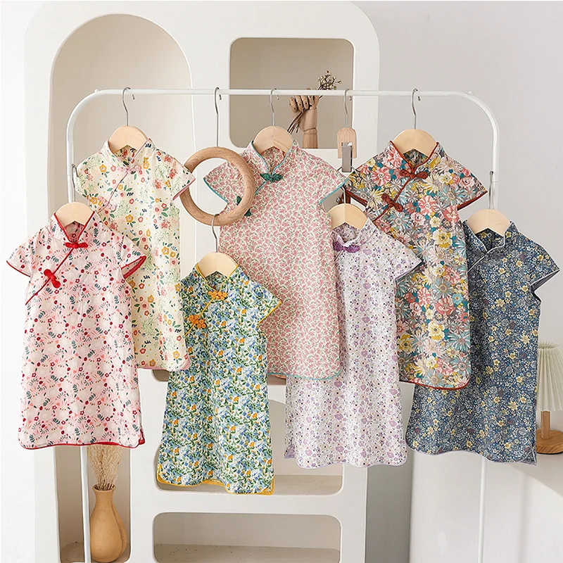

Summer Chinese Style Kids Tops Clothes Fashion Girls Cheongsam Dress Retro Flower Princess Dress for Baby Girls
