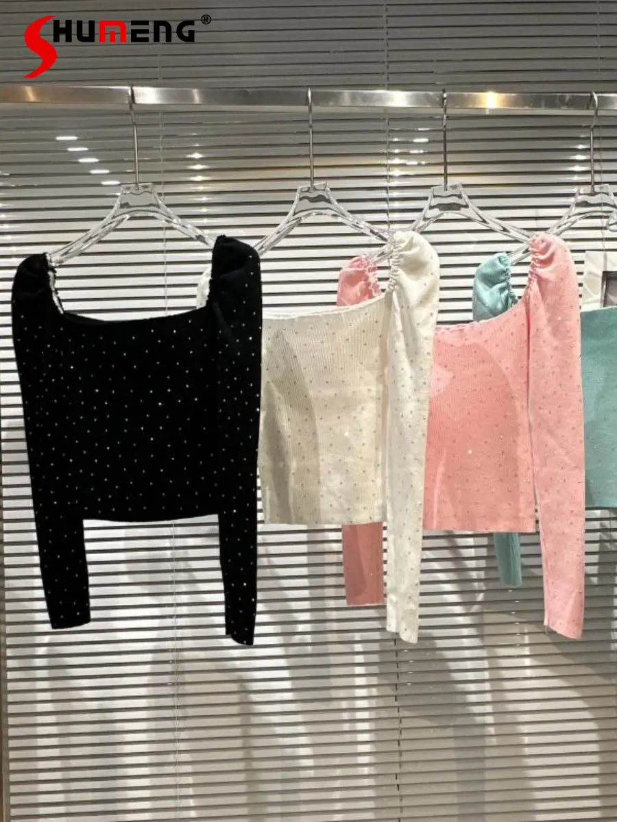 

Новинка Зима 2022, милый розовый сексуальный вязаный джемпер с открытыми плечами, женский свитер с квадратным воротником, блестящий пузырько...