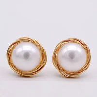 vintage pearl stud earrings round natural white freshwater pearl gold stud earrings handmade gold braided stud earrings women