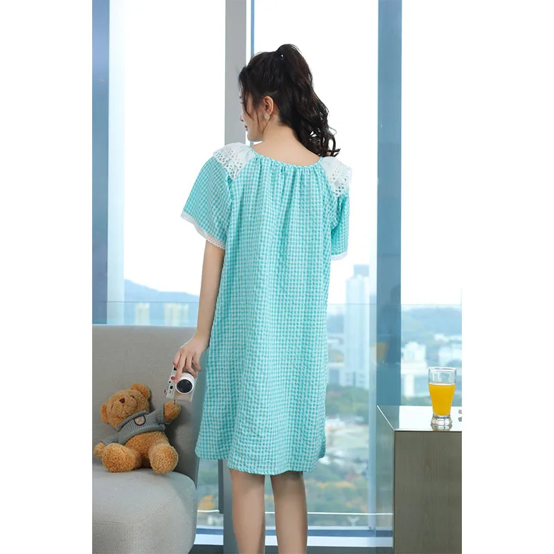 YFTNH Summer Womens Nightgown Plaid Lace Crew Neck Soft Breathable Short Sleeve Night Shirts for Ladies Sleepwear Nighties