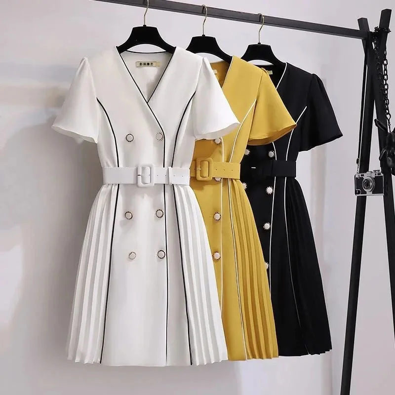 

Fat Women Summer Sundress Thin Women's Fashion Temperament Large Party Dress Elegant Design Sense Niche Double-breasted Skirt