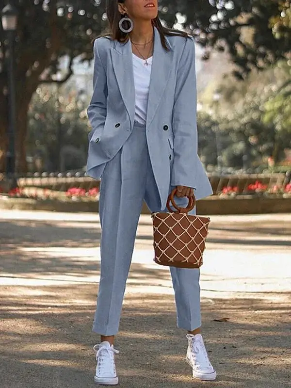 Women's Solid Color Business Double Breasted Overalls Business Trousers Two Piece Suit Ladies Formal Casual Party Prom Tuxedo