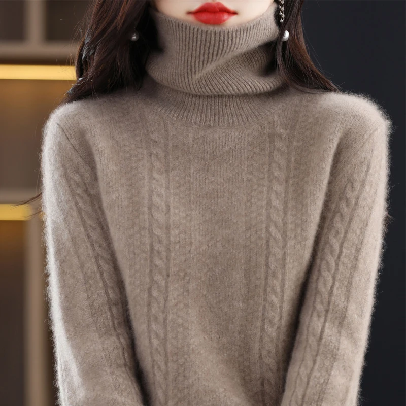 

Winter Women's Stacking Collar Vertical Stripe Twisted Thick Fashion Elegant Warm Pullover Sweater D65