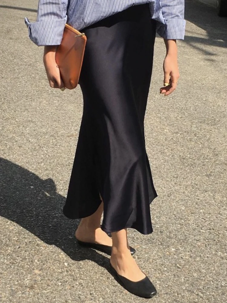 Женская атласная юбка трапециевидной формы с высокой талией