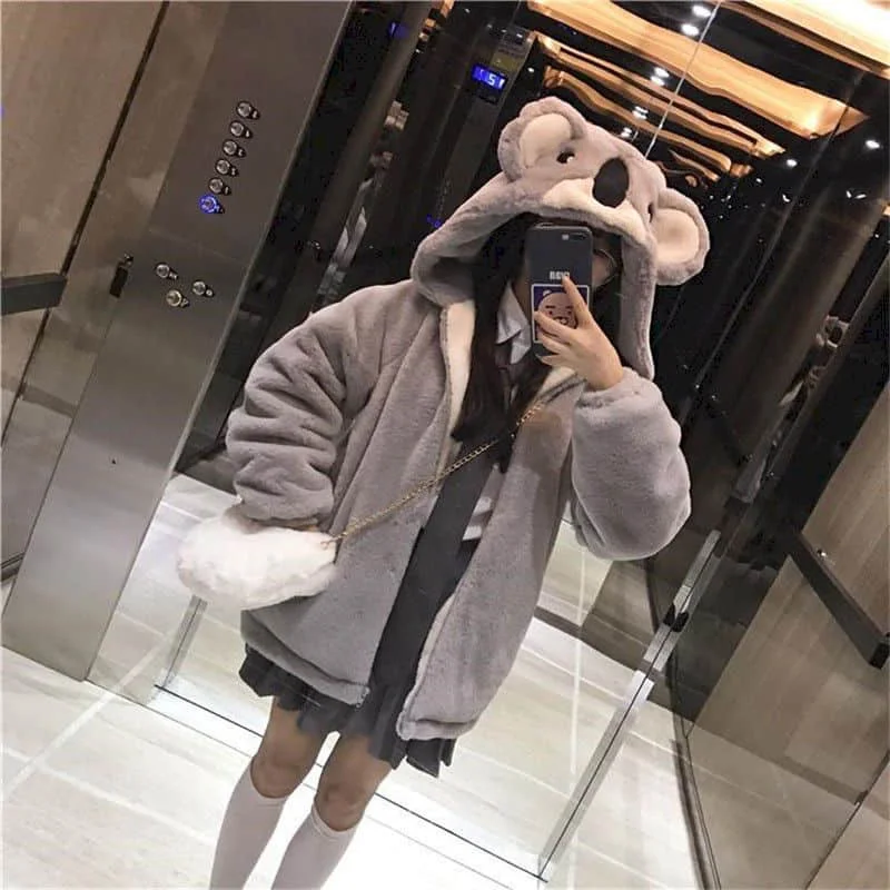 Plush Jacket Female New Style Japanese Soft Girl 2022 Winter Cute Koala Ear Hooded Jacket Student Thickened Furry Jacket Girl