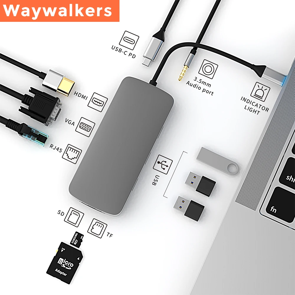 

USB-концентратор WAYWALKERS типа C на HDMI, совместимый с USB 3,0, адаптер 10, 6, 5, 4 в 1, концентратор типа C, док-станция для MacBook Pro, Air, USB-разветвитель