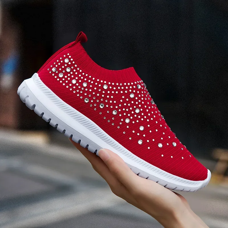 Women Casual Sneakers Knitted Flats Loafers Ladies Slip-on Sock Shoes Women's Luxury Crystal Vulcanized Zapatillas Mujer