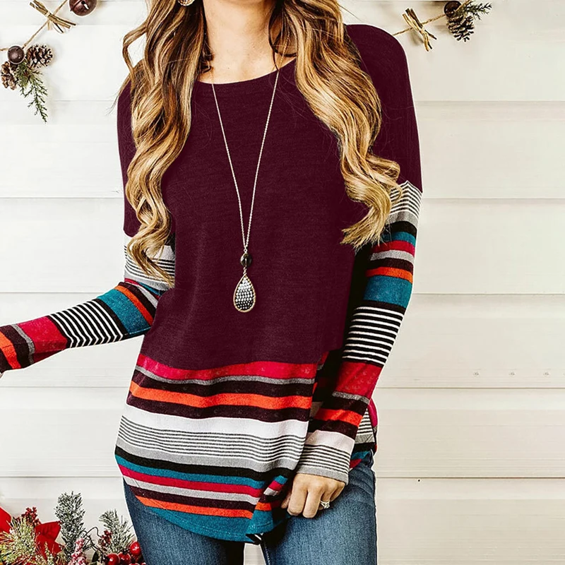 

Ladies Striped Printed T-shirt Round Neck Casual Shirt Full Sleeve Loose Large Size Winter Pullover Women's Elegant Top Mujer
