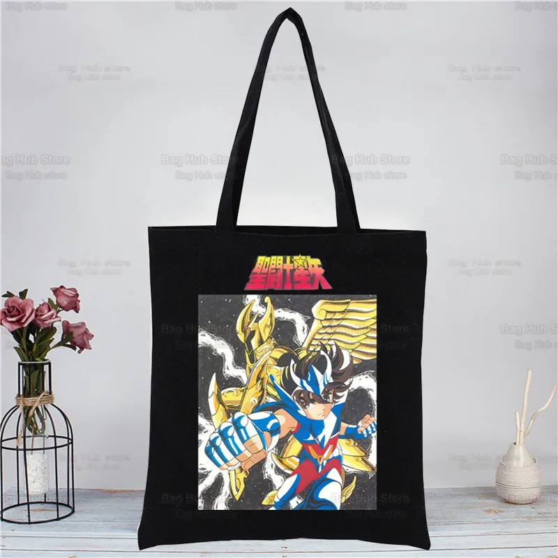 

Saint Seiya Anime Manga Phoenix Large Women's Shopper Bag Canvas Tote Shoulder Bags Shopping Bag Black Cloth Handbags Eco