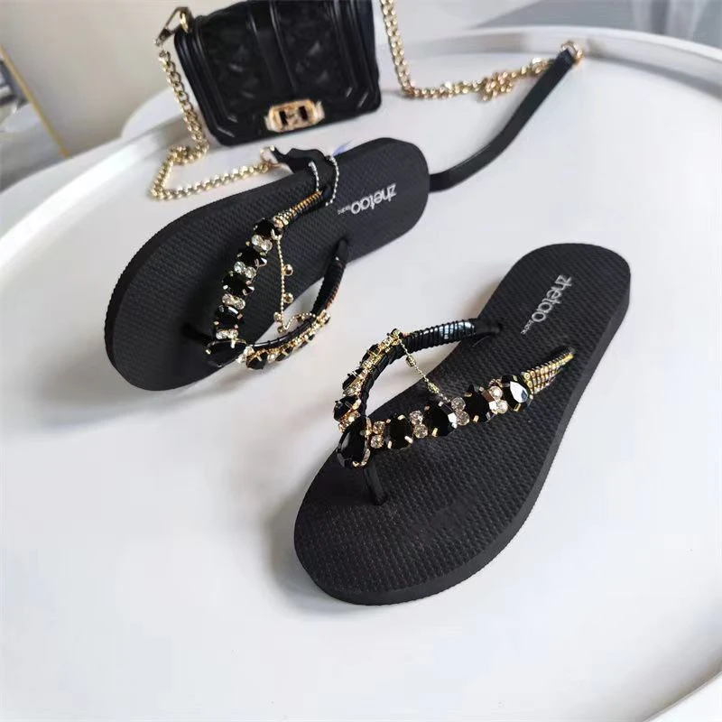 Women Comfortable Beach Shoes Non-slip Soft Bottom Casual Flip Flops Rhinestone Chain Decoration Summer Flat Slippers 2022