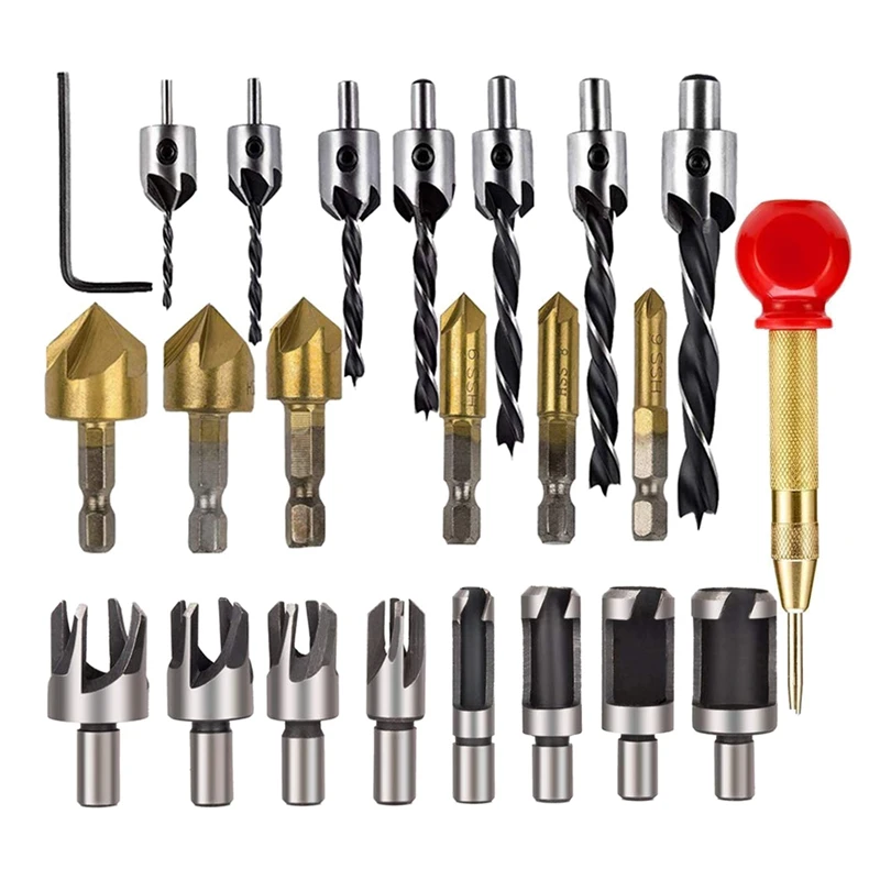 

Wood Drill 23Pcs Countersink Drill Bit Wood Plug Cutter With Automatic Center Punch Woodworking Tools Chamfering Drill