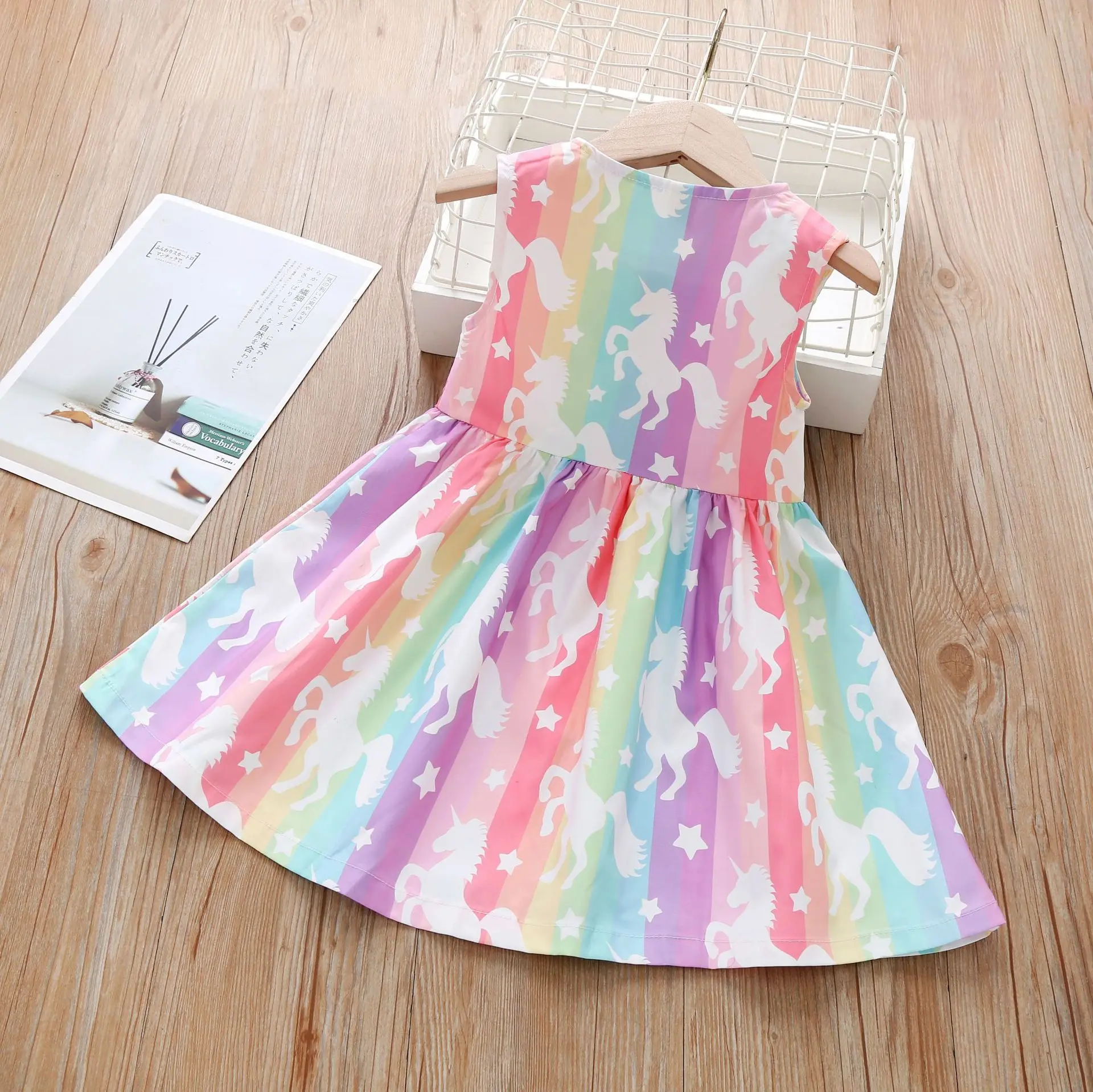 

Summer Sleeveless Girls Dress Rainbow Striped Dress Sweet Crew Neck Unicorn Print Princess Dress