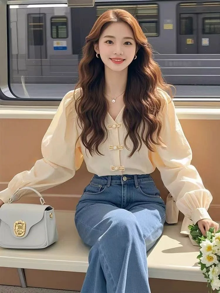 Новые китайские рубашки с длинными рукавами в национальном стиле v-образным