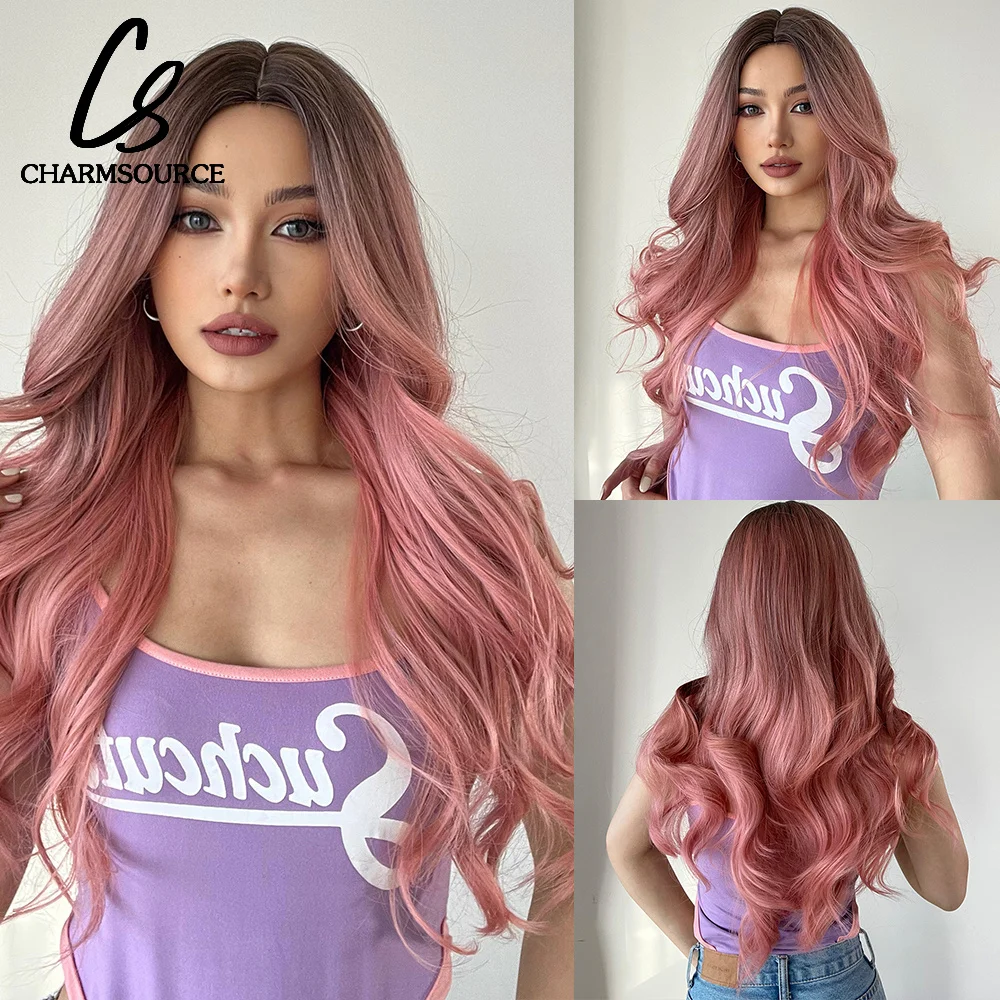 Ombre Brown to Pink Dark Roots Synthetic Wigs Long Natural Wavy Wig Middle Part Hair For Women Cosplay Party Use Fiber Hair