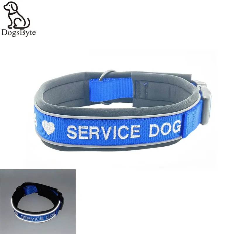 

SERVICE DOG Blue Color Neoprene Padded Dog Collar Embroidered Warning Others