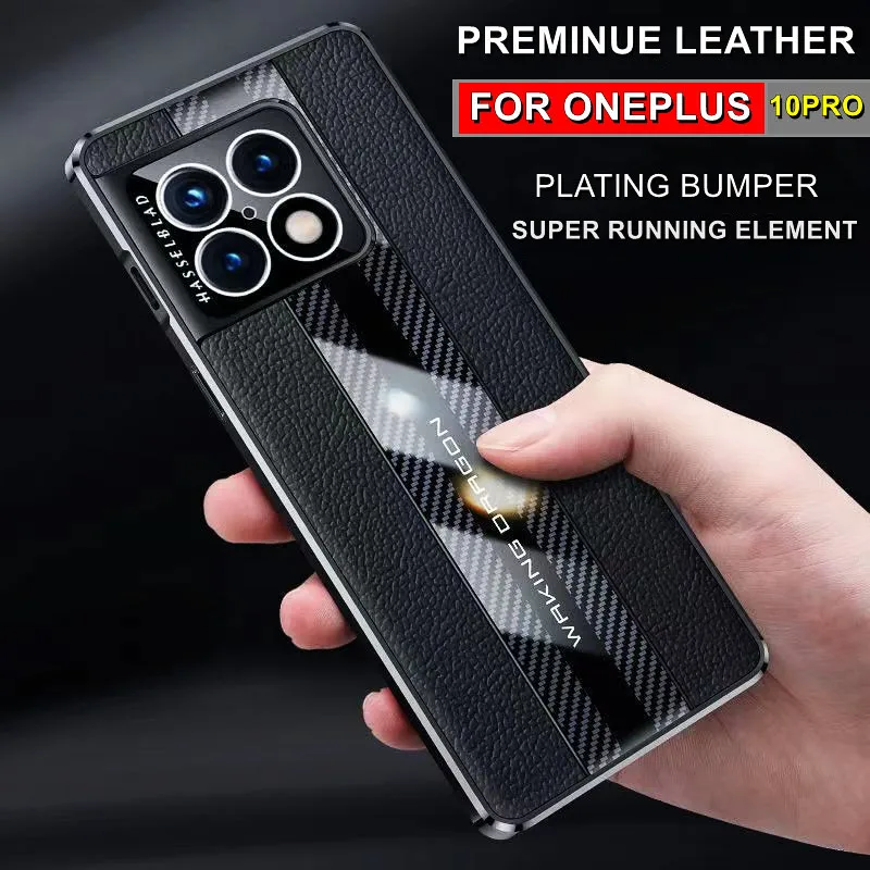 

For Oneplus 9 10 Pro Preminue Genuine Leather Case for Oneplus 9 9R 9RT Plating Bumper Cover Real Cowhide Soft TPU Business Case