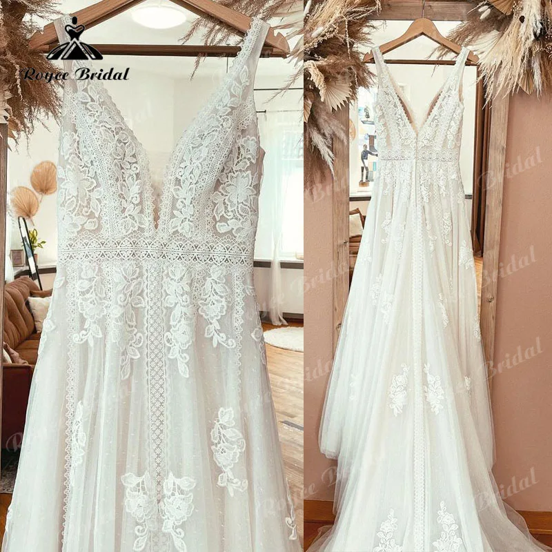 Elegant Bohemian Wedding Dress Tank V Neck Lace Appliqued Backless Boho A Line 2022 Bridal Robe Mariee Chic sukienka na wesele
