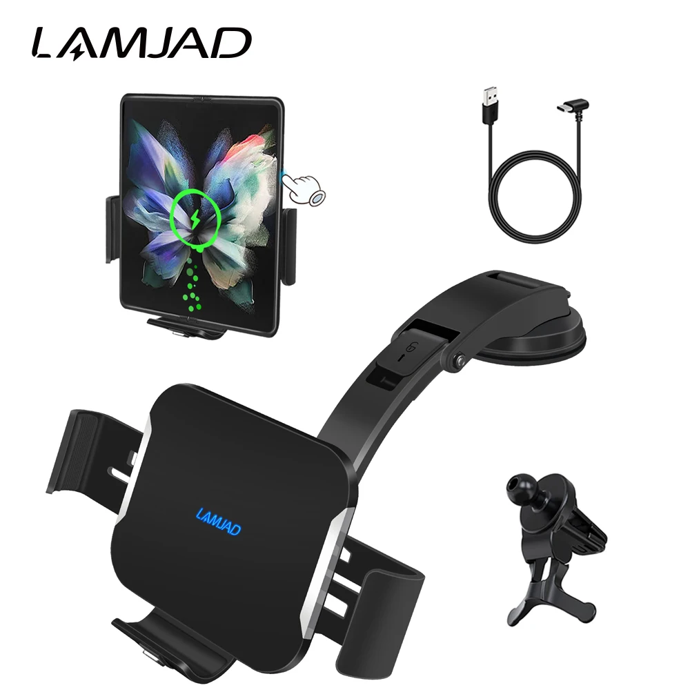 

LAMJAD Dual Coils Wireless Car Charger 15W Qi Car Air Vent Dashboard Phone Holder for Galaxy Z Flip3 5G S22 iPhone 13 Pro Max 12