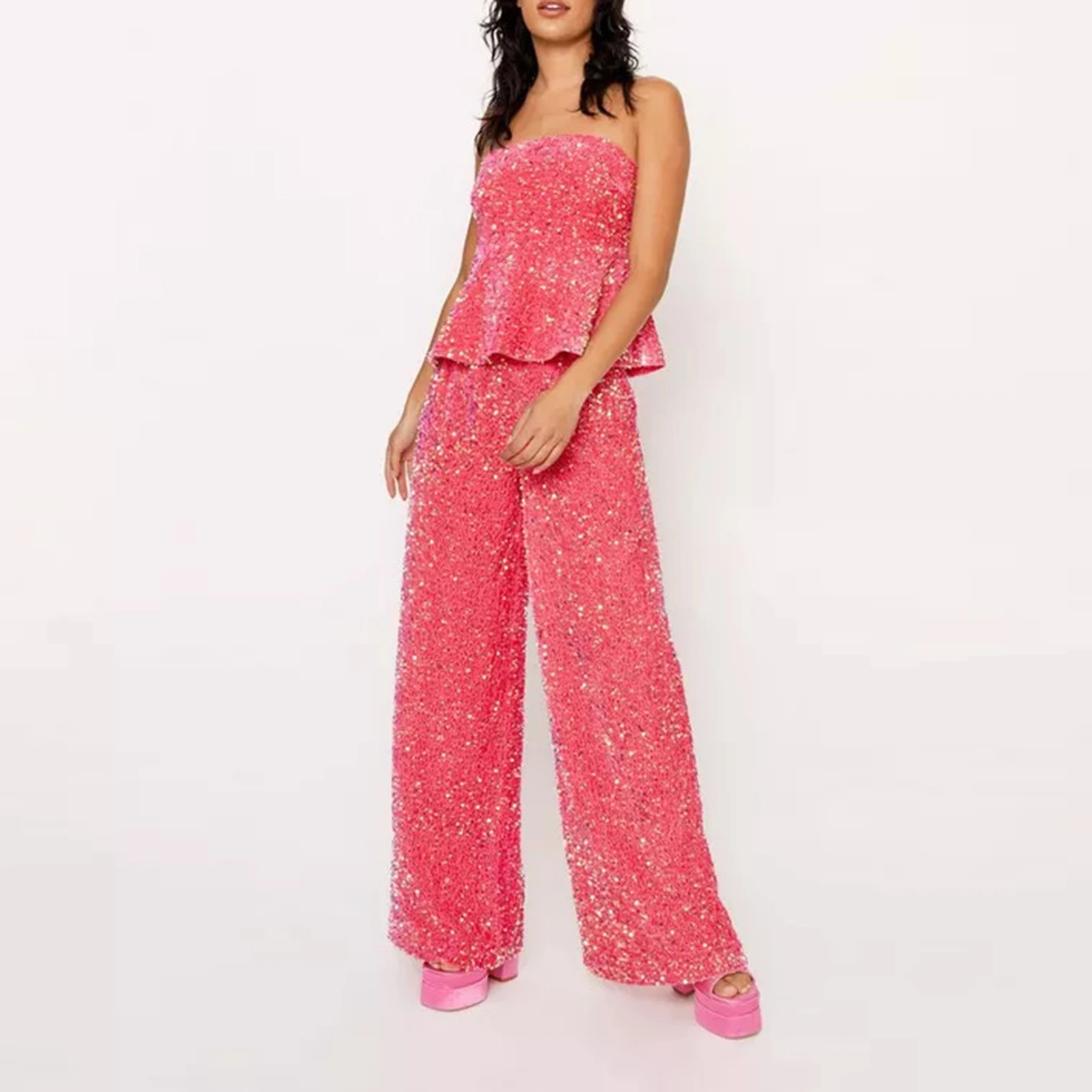 

Женский офисный костюм с блестками, элегантный комплект из двух предметов, топ-труба с широкими штанинами в Корейском стиле, Y2k, лето 2023