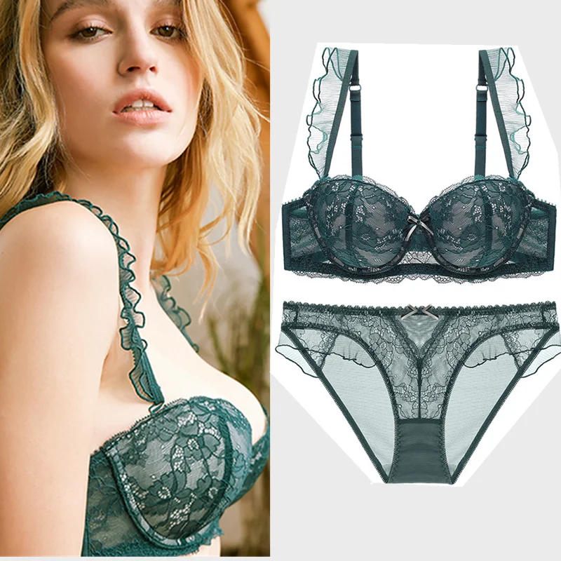 

Women's Lace Ruffle Sexy Insertable spacer Bra Set 3/4 Thick Mould Cup Gathering Comfortable Breathable Bra Panties Girls 16002