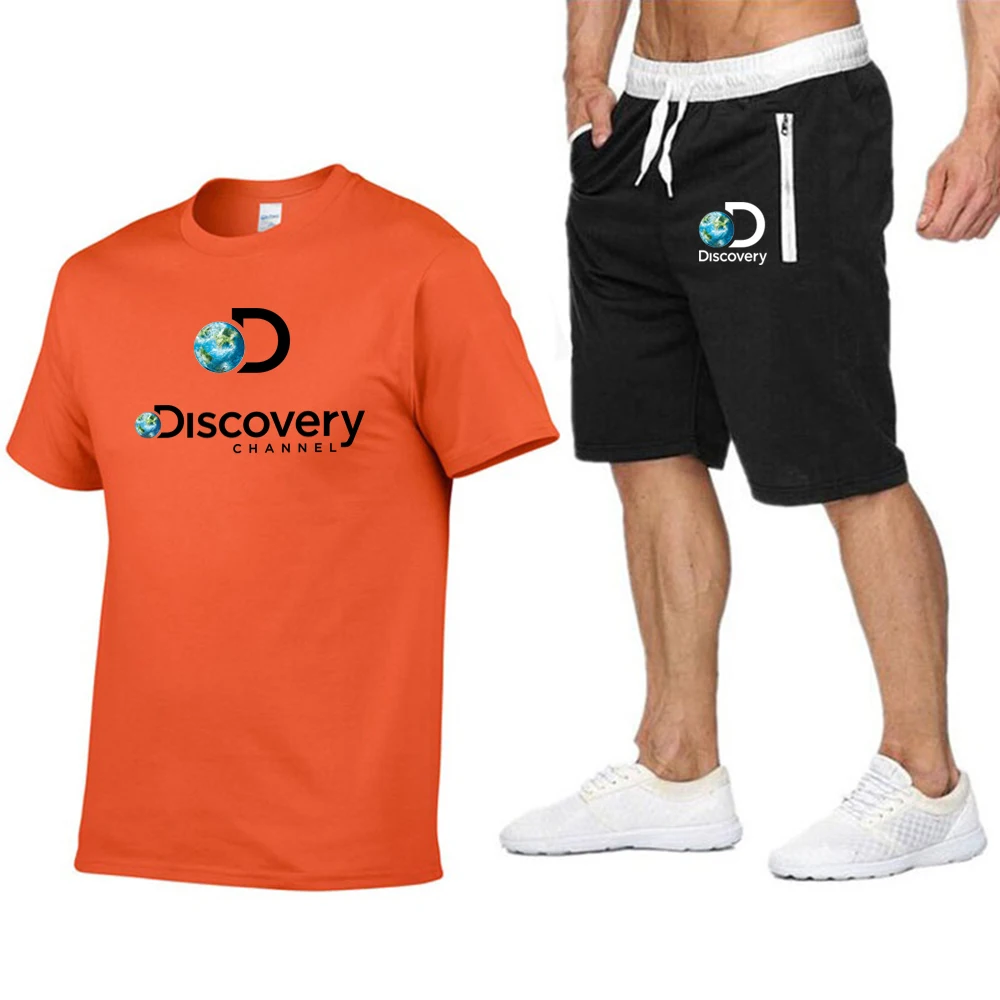 Funny Discovery Channel Men T shirt+Beach Shorts 2 PC Sets 2023 Summer Cotton T-shirt Sportswear streetwear Harajuku Tops Tshirt