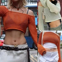 summer autumn long sleeve see through knitted crop top women sexy off shoulder sweater cover up knitwear mesh shrug