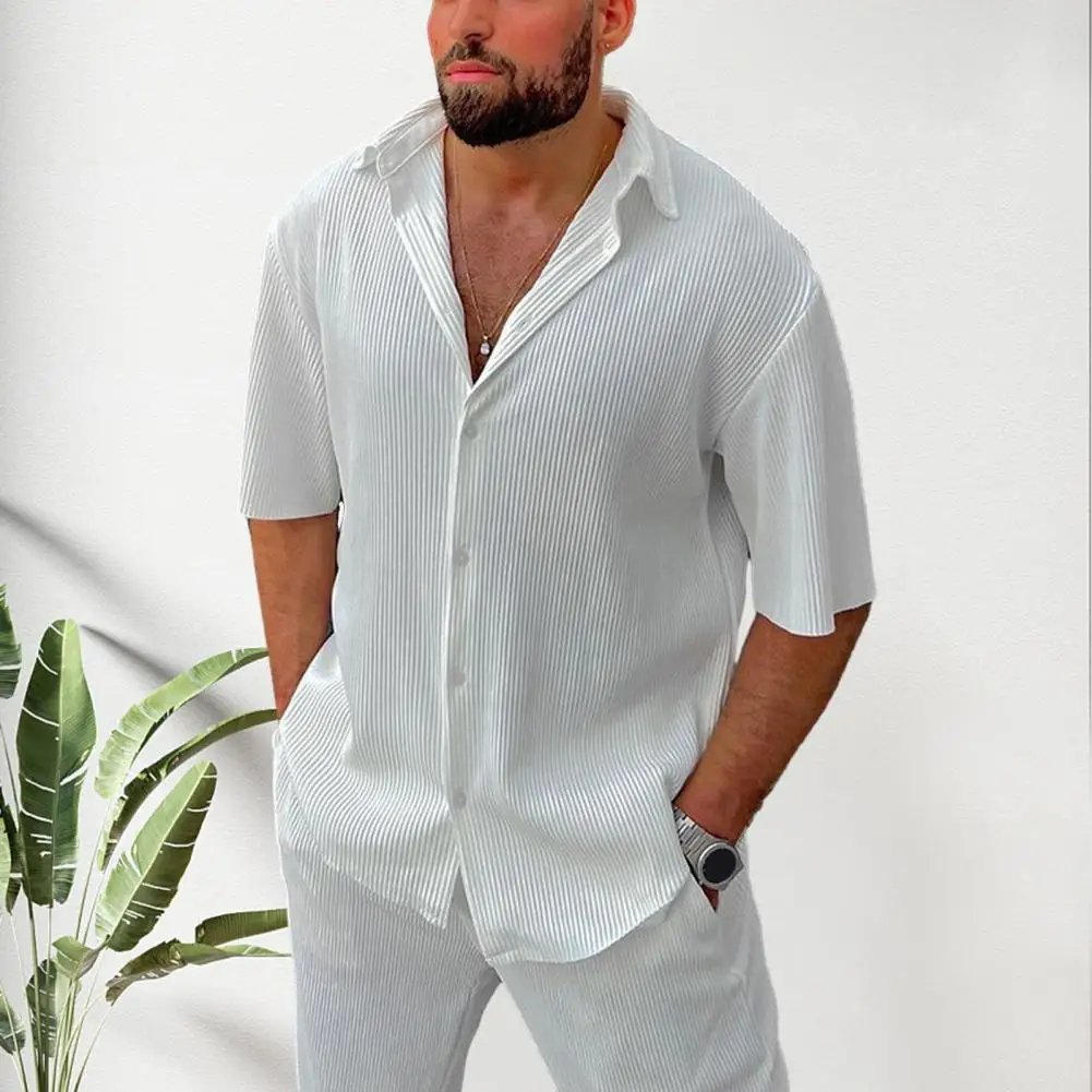 

Solid Color Top Trousers Set Stylish Men's Shirt Pants Set Lapel Short Sleeves Loose Fit Solid Color Buttons for Summer Summer