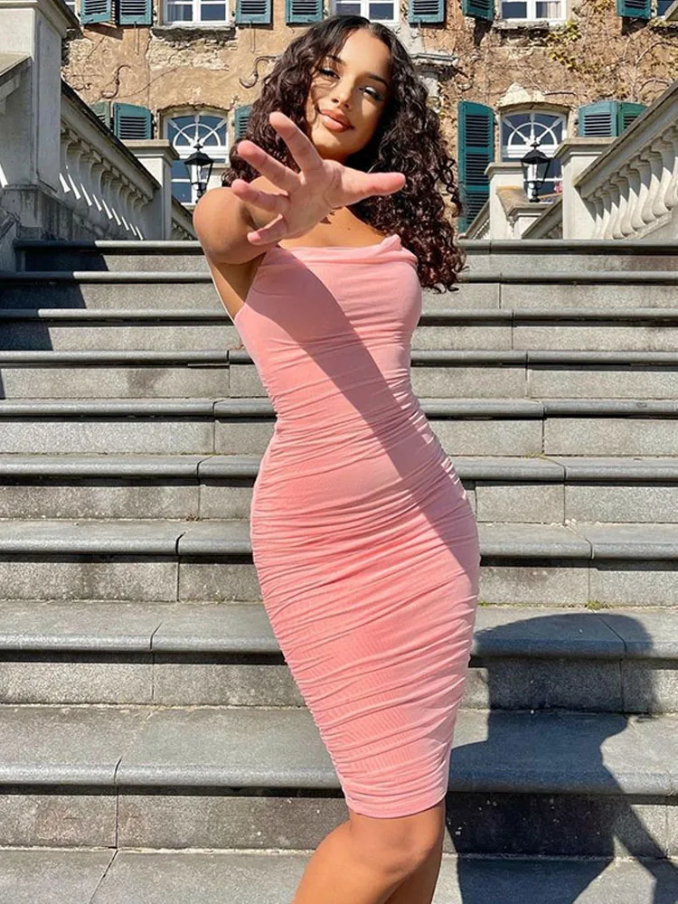 

Avrilyaan Pink Mesh Pleated Sexy Bodycon Dress Women Robe Club Night Party Dresses Elegant Elasticity Midi Summer Dress Vestidos