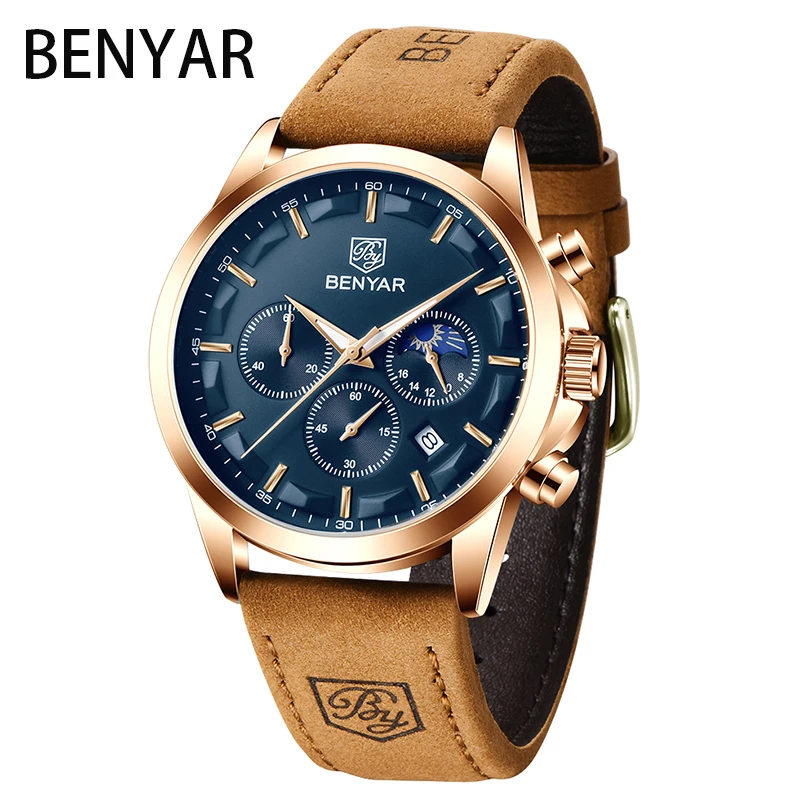

Top Brand BENYAR Men Watches Fashion Sport Leather Watch Mens Luxury Date Waterproof Quartz moon phase Clock Relogio Masculino