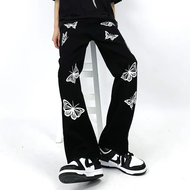 2023 New Butterfly Full Print Jeans Ins hip-hop American Straight Black Wide Leg Pants Lloose Casual Jeans for men and women