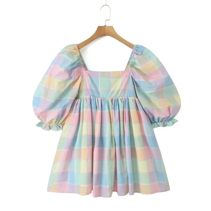 

2023 Women's New Tie Dyed Bubble Sleeve Square Neck Bust Long Dress