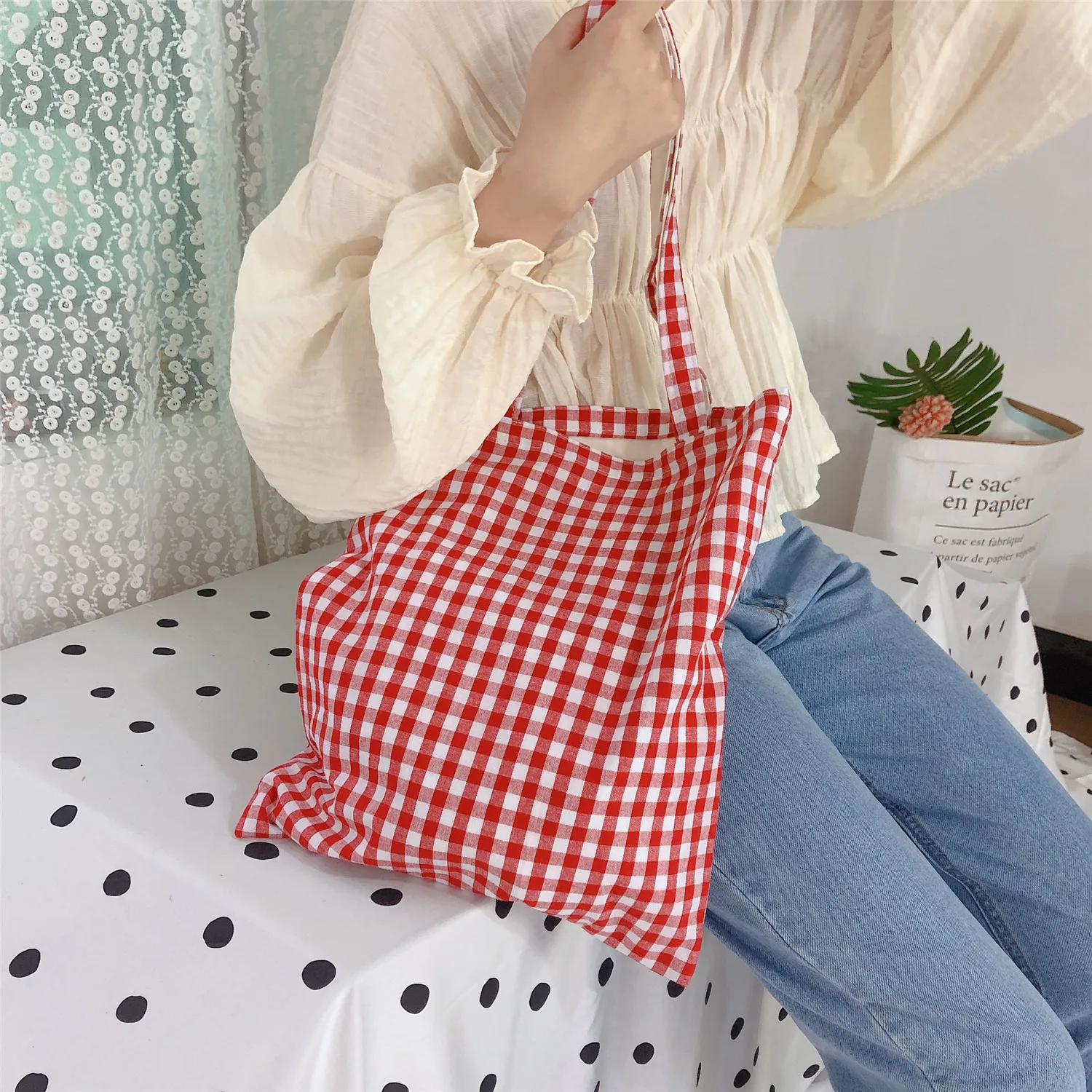 Cotton Canvas Shopping Tote Bag Plaid Reusable Foldable Large Capacity Woman Lady Shopper Handbags Book Bags For Students Girls