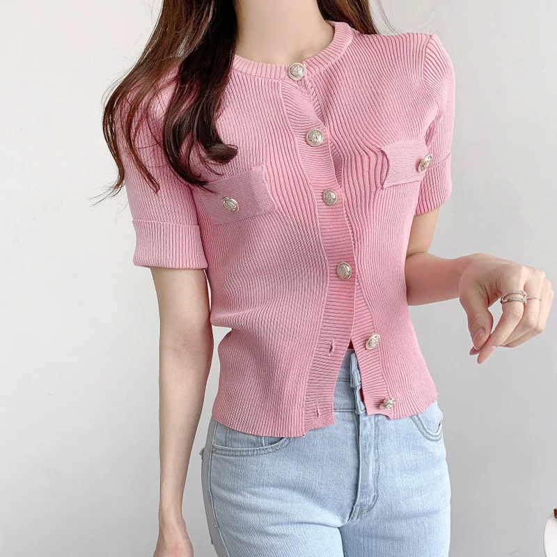 

2022 korean style summer cardigan feminino single breasted metal button slim-fit cardigan women short sleeve sweater knitted top