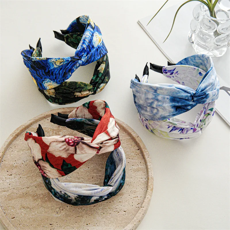

Summer New Retro Crossed Headband Oil Painting Fashion Wide Side and All-Match Women's Printed Hair Accessories