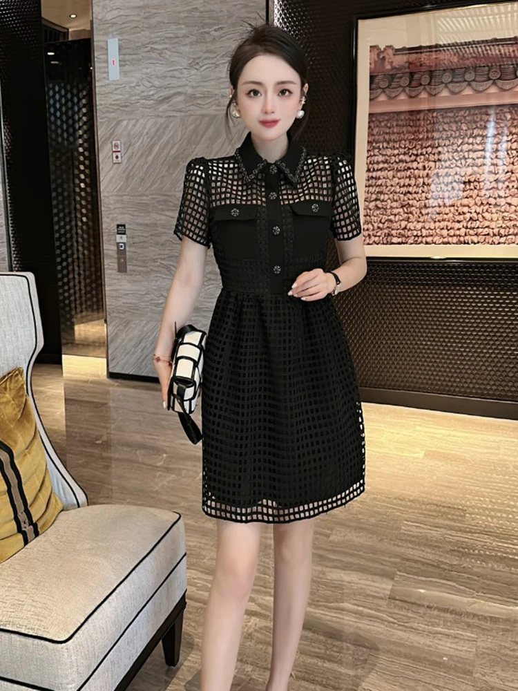 Elegant Summer Beads Hollow Out Black Dresses for Women 2023 Short Sleeve Mini Party Vestidos Feminino Sexy Holidy Robes