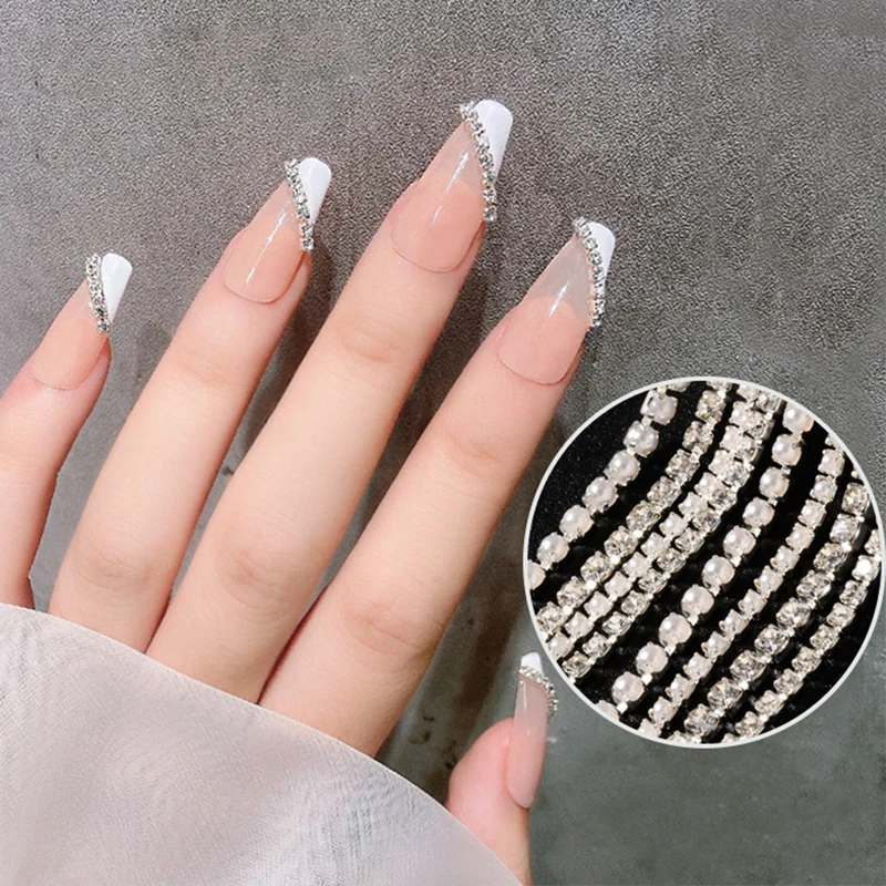

25cm Shiny Crystal Nail Rhinestones Chian 3D Diamond Pearl Chain Ornament DIY Jewelry Nail Art Decorations Gems Accesoires
