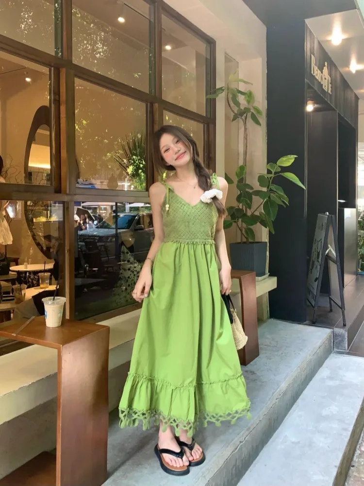 

Summer Green Designer Dress Women Korean Style Elegant Beach Dress Female Backless Vintage Casual Suspender Dress 2023