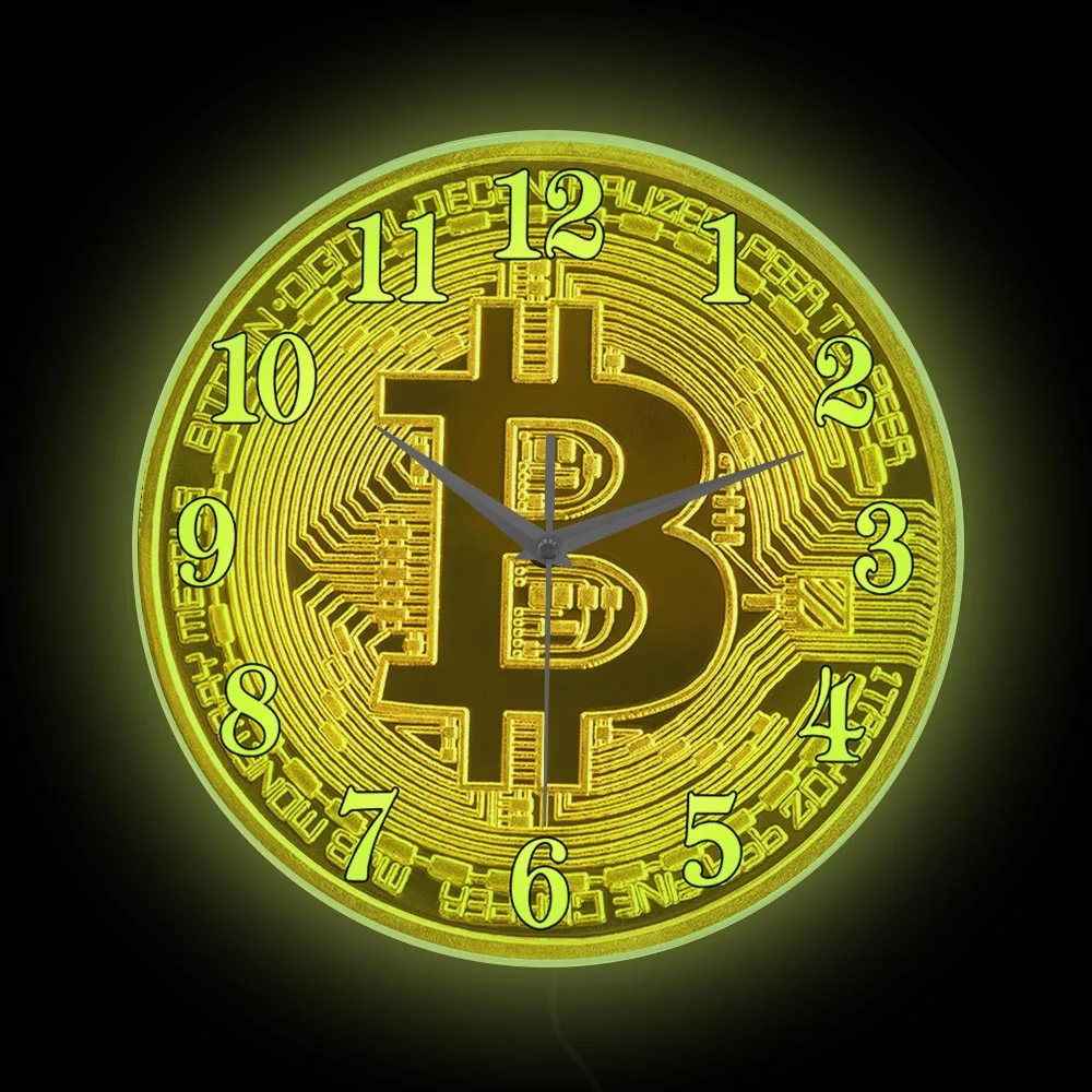 

Светящиеся Настенные часы с принтом символа биткоина, декор для криптовалюты, золотая монета BTC, светящийся неоновый знак для офиса, финансов, подарок