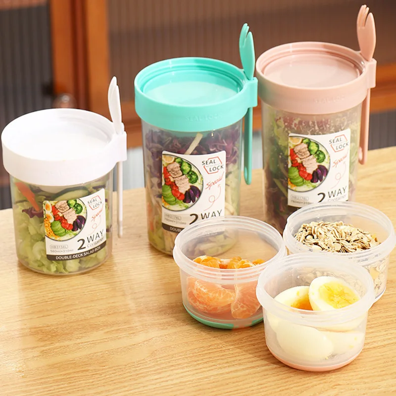 Double Layered Portable Salad Cup with Fork PP Salad Bowl School Lunch Box Food Storage Bento Box Yogurt Oatmeal Cereal Milk Cup