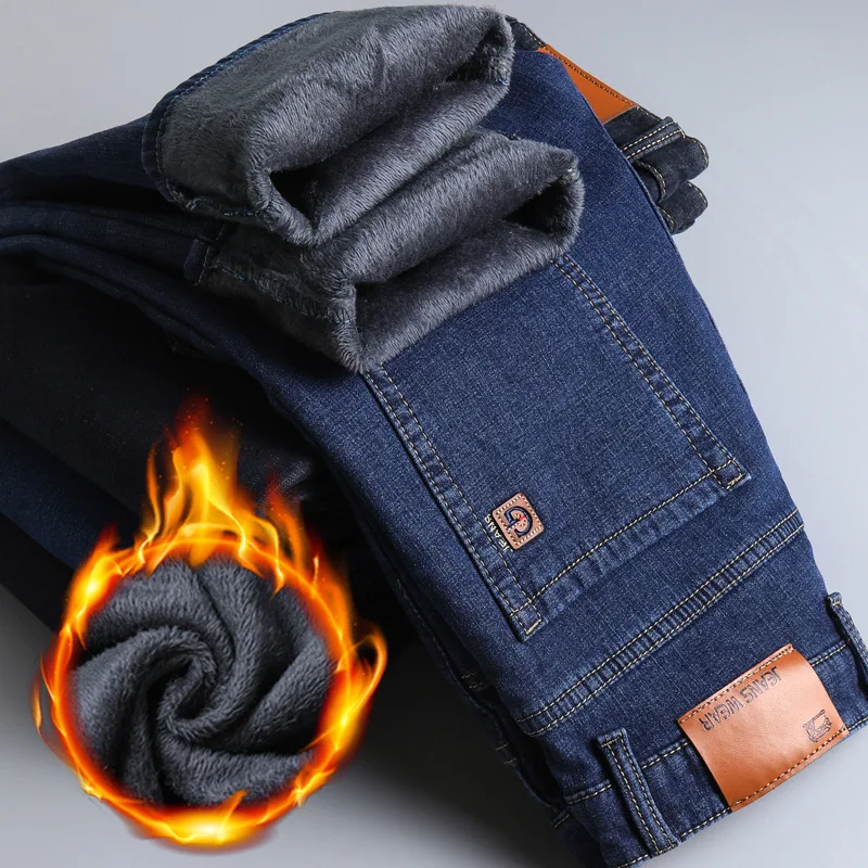 

Men Fleece Denim Jeans Slim Fit Stretch Jeans Smart Casual Blue Pants High Quality Men Winter Thicker Warm Black Jeans Trousers