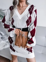 women plaid sweater dress long sleeve v neck preppy style knitted pullovers fashion elegant clothes lady autumn winter dresses