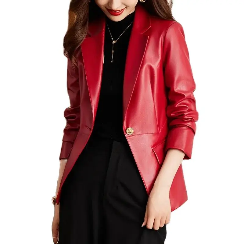 

Женский модный Красный Кофейный черный кожаный костюм пальто для женщин Осень новинка винтажные мотоциклетные блейзеры из искусственной кожи