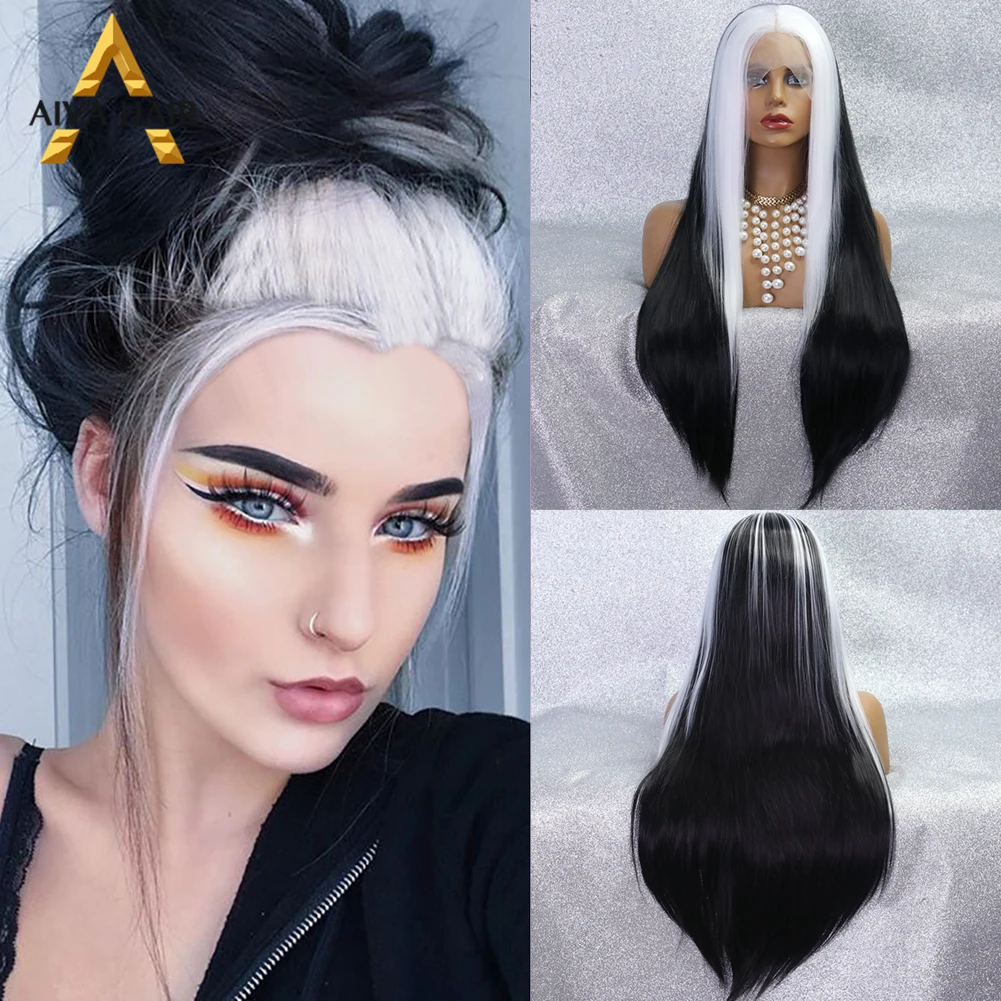 Highlight White Synthetic Lace Front Wig Heat Resistant Purple Black Wig Straight Cosplay Synthetic Lace Wigs For Women Aiva