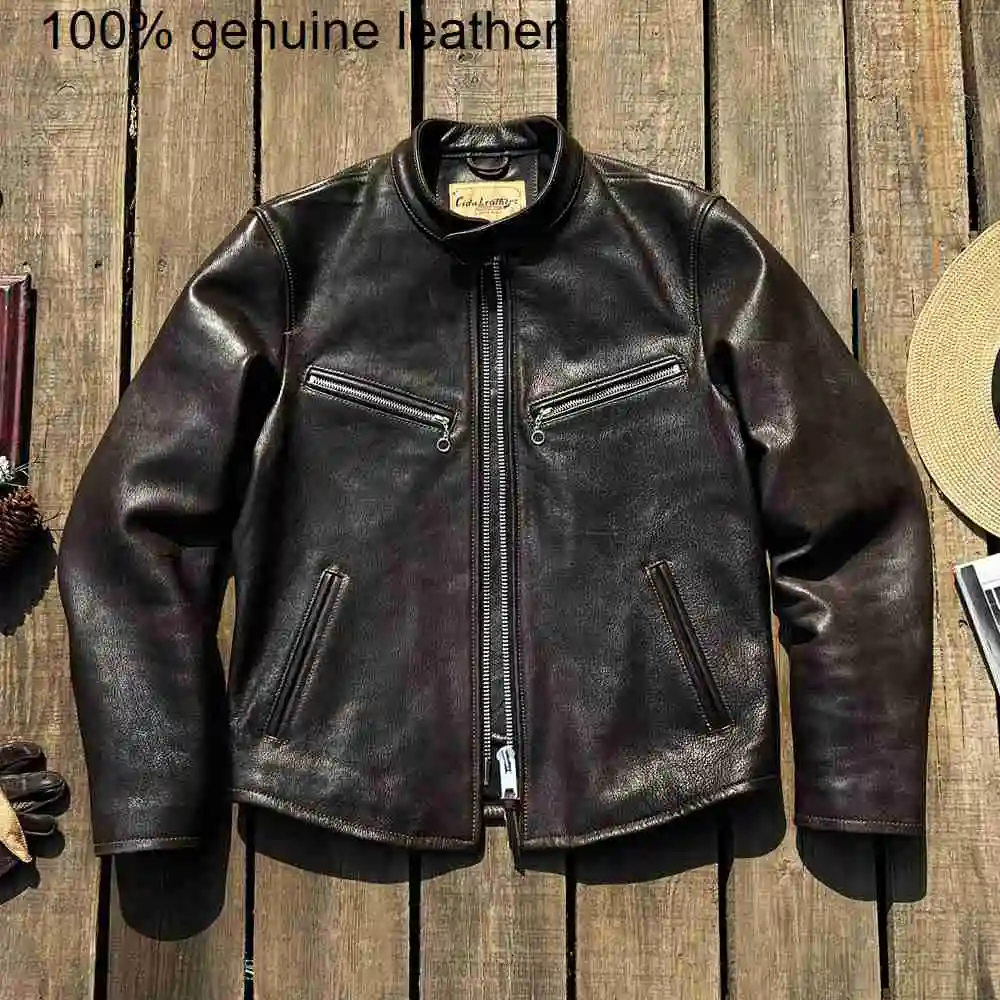 

goatskin High quality Luxury jacket,Retro tanned Classic Rider J100 genuine coat.Men Vintage slim leather cloth